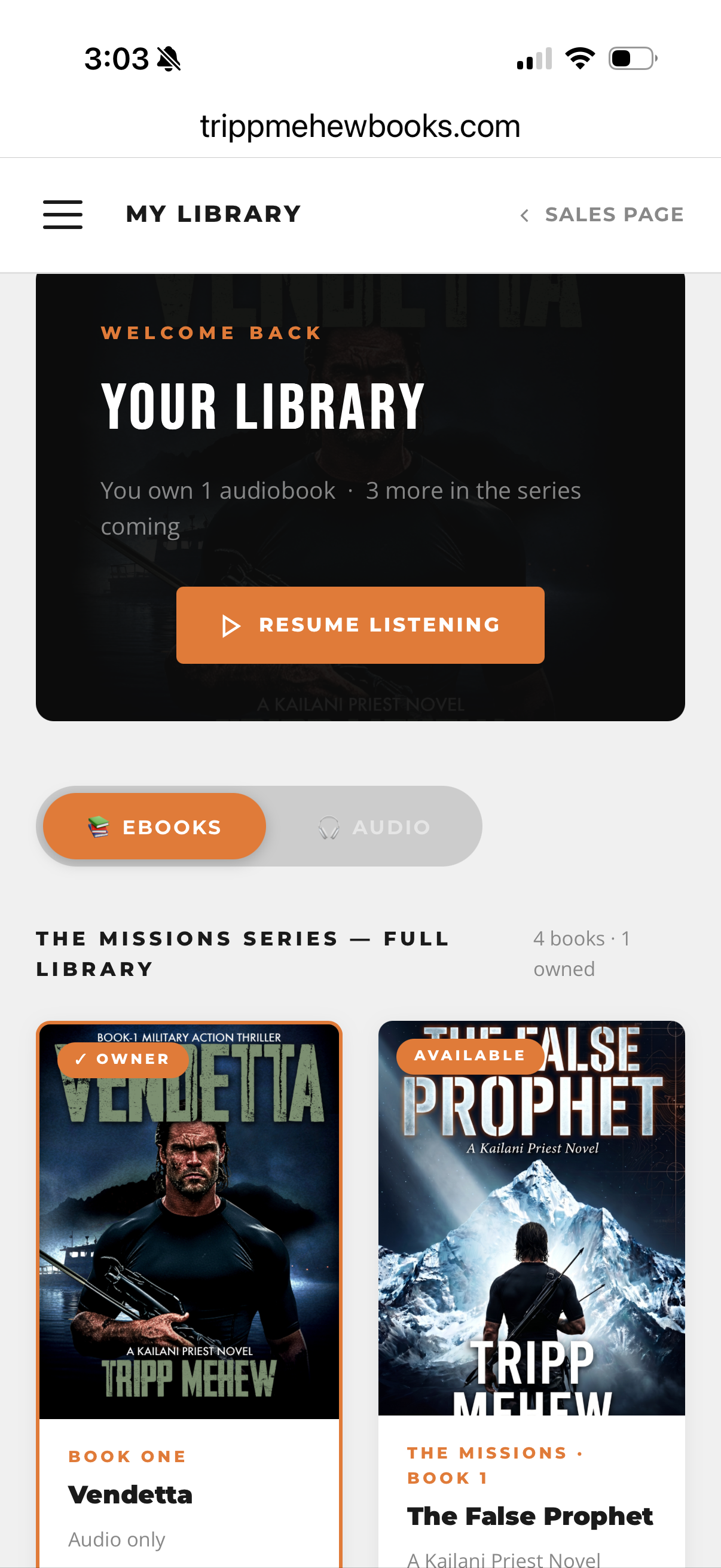 Author book library member area — full ebook and audiobook library view