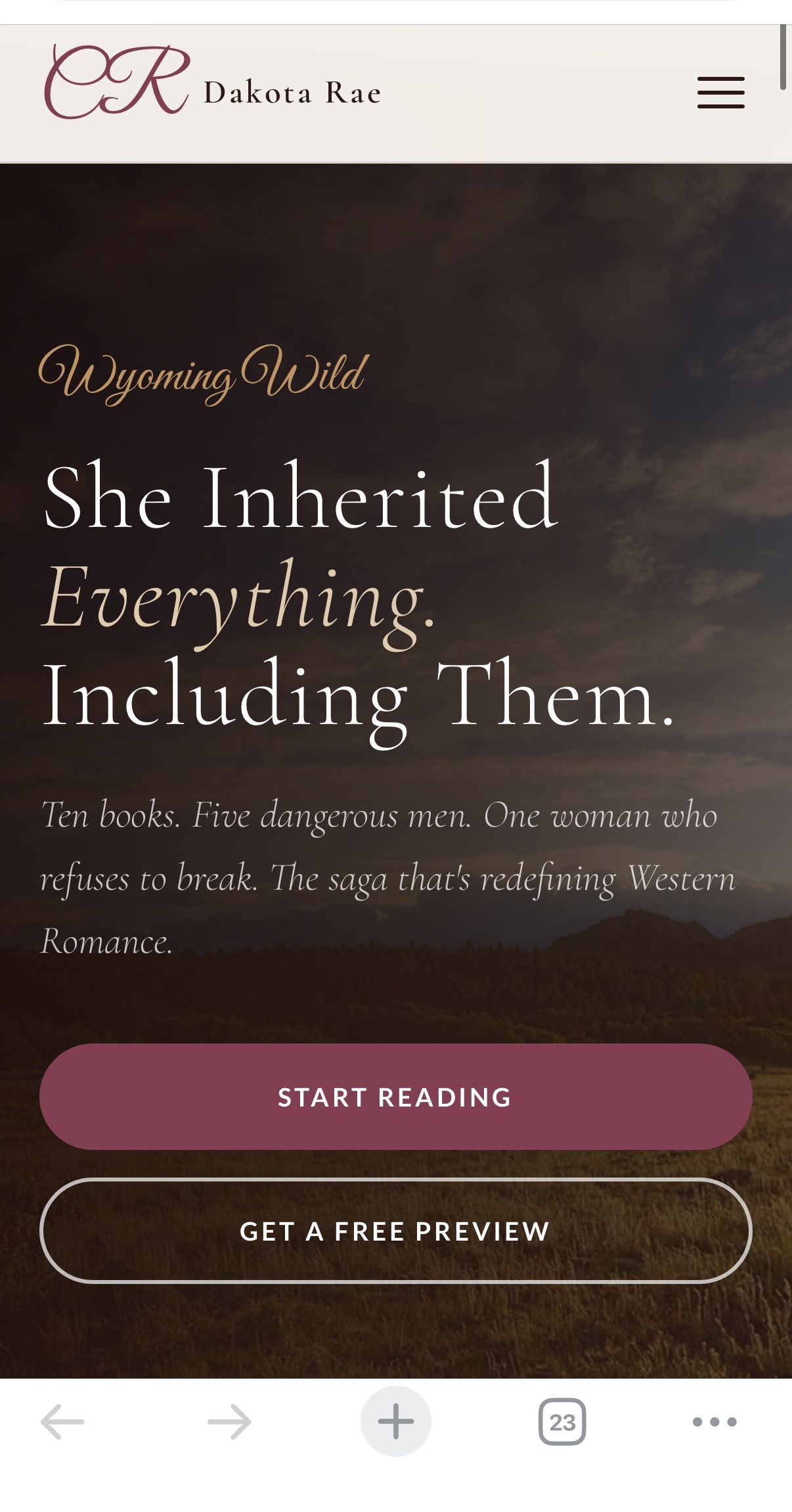 Branded author website mobile design with custom cover art