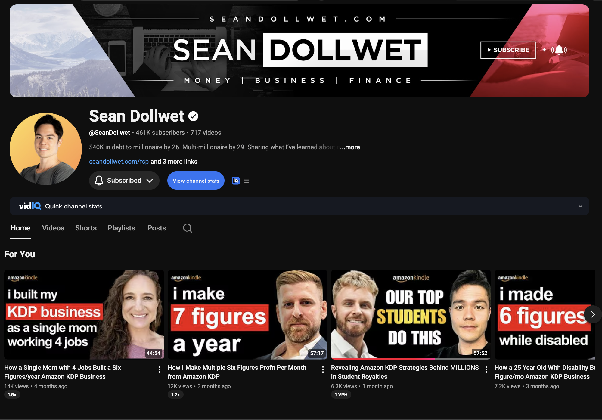 Sean Dollwet YouTube channel — 461K subscribers, self-publishing educator and KDP expert